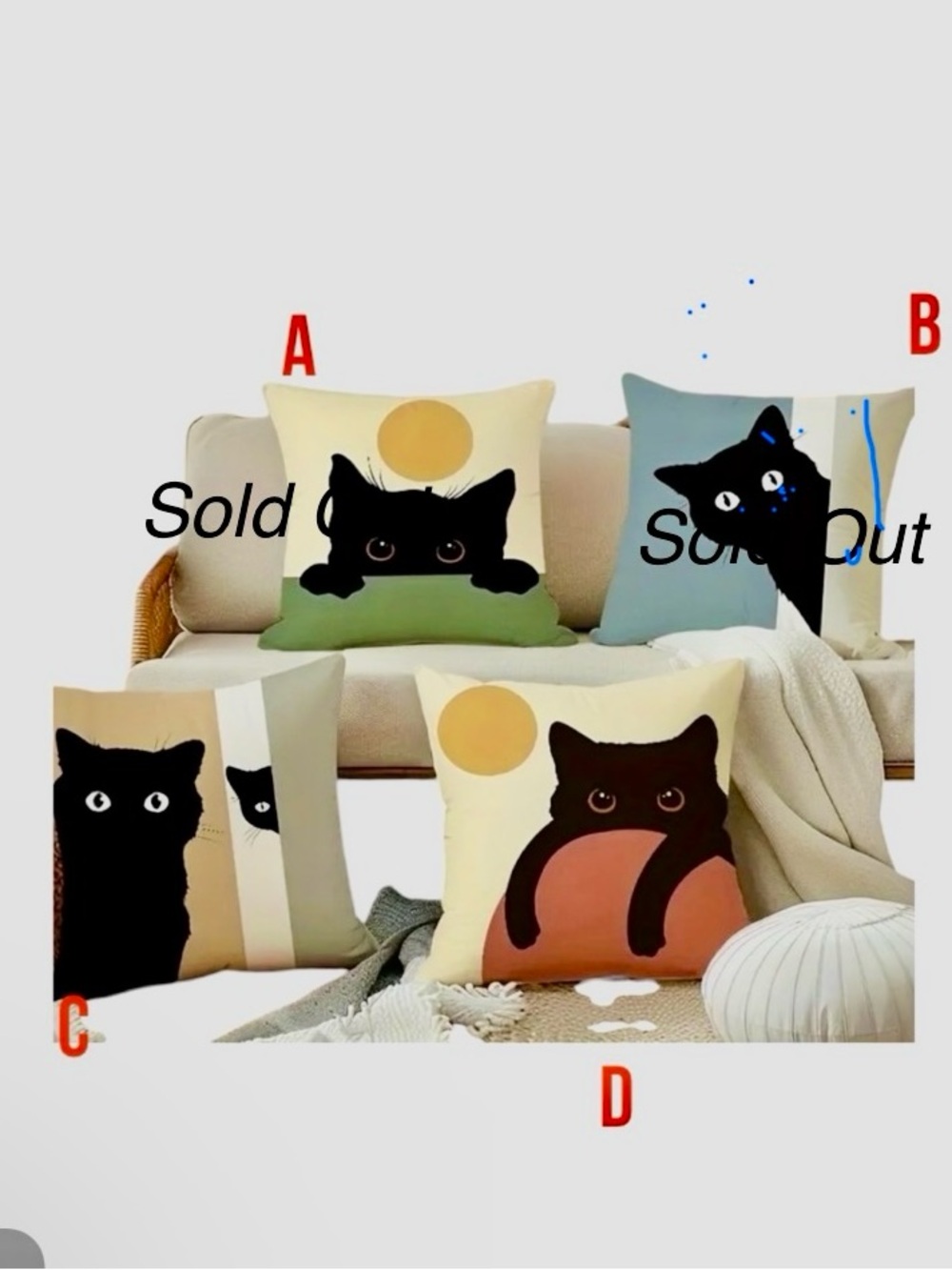 Black Cat Throw Pillow Cover  - C or D - NWT